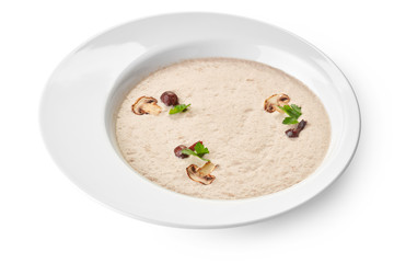 bowl of mushroom soup isolated on white background