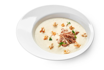 soup with meat and vegetables isolated on white background