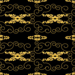 ABSTRACT ART DECO GEOMETRIC PATTERNS-TRENDY COLORS-GOLD CHAIN AND SWIRLS, VINTAGE MIRRORED ABSTRACT FOILED FLORAL ON MIDNIGHT BLACK BACKGROUND. ECHO-VECTOR ILLUSTRATION