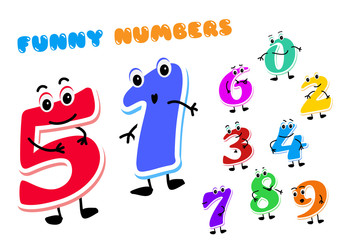 Set of funny cartoon numbers Characters. kids figures one, two, three, four, five, six, seven, eight, nine, zero.