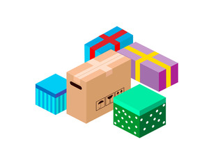 Multicolored gift boxes on a white background. Vector illustration. Isometry