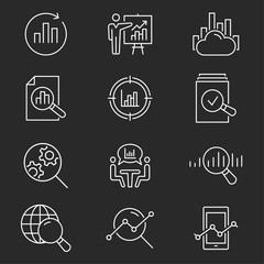 Data analysis vector icon set on black background.