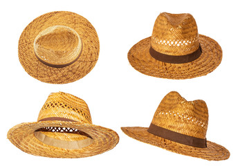 Set of yellow straw hats on white background side view.