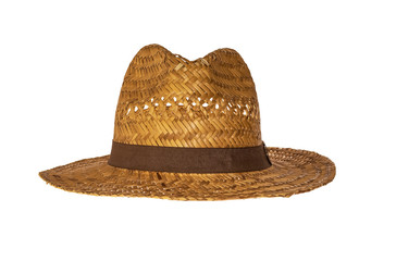 Yellow straw hat on white background front view.