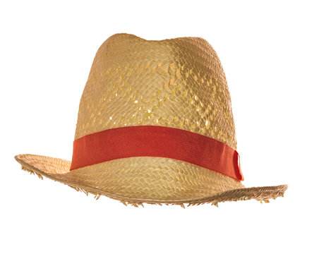 Yellow straw hat on white background front view.