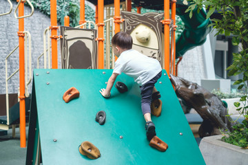 Cute Asian 2 - 3 years old toddler child having fun trying to climb on artificial boulders at indoor playground, Little boy climbing up a rock wall, Hand & Eye Coordination, Motor Skills development