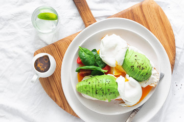 Healthy Breakfast Sandwich Poached Egg Avocado Cheese White Background Top View