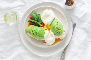 Healthy Breakfast Sandwich Poached Egg Avocado Cheese White Background Top View