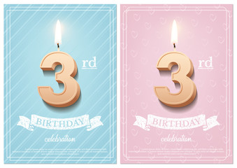 Burning number 3 birthday candle with vintage ribbon and birthday celebration text on textured blue and pink backgrounds in postcard format. Vector vertical third birthday invitation templates.