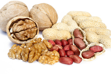 Walnuts and peanuts on white background