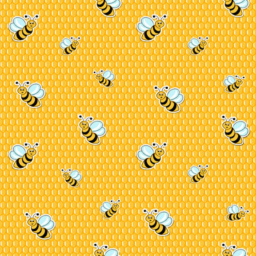 Seamless background. Repeating texture with the image of a bee with honey. Vector illustration in cartoon style