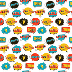 Modern Pop Art comic seamless pattern. Bright speech bubbles on the  white background. Vector illustration