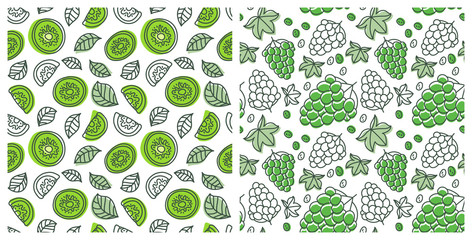 Seamless pattern set. Juicy fruit. Grape and kiwi. Hand drawn color vector sketch background. Colorful doodle wallpaper. Summer print