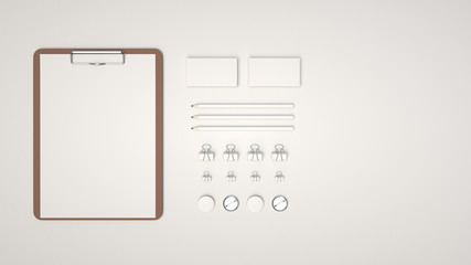 Clipboard, business cards, binder clips, badges and pencils