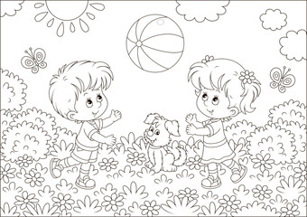 Little children playing a big striped ball on a playground in a summer park, black and white vector illustration in a cartoon style for a coloring book