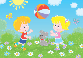 Little children playing a big colorful ball on a playground in a summer park, vector illustration in a cartoon style