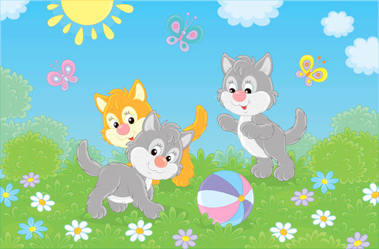 Funny little kittens playing with a colorful ball and butterflies on green grass among flowers on a sunny day, vector illustration in a cartoon style
