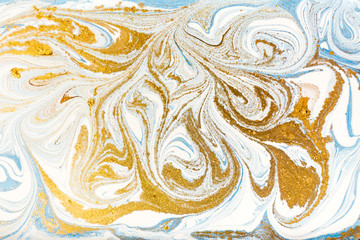 White, blue and gold marbling pattern. Golden marble liquid texture.