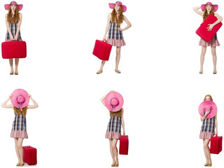 Young woman with suitcase isolated on white