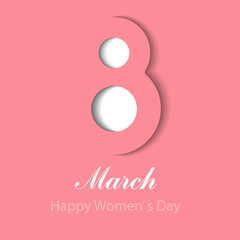 March 8 symbol in paper cut style with shadows. International Women is day pink background. Vector illustration. Place for your text.