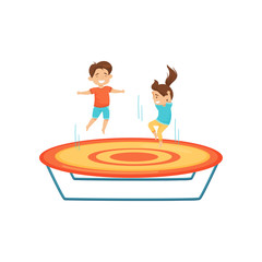 Little boy and girl jumping on trampoline. Kids having fun together. Active leisure. Flat vector design