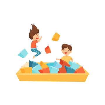 Little boy and girl playing in pool with soft paralon cubes. Children leisure. Fun activity. Flat vector design