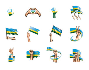 Rwanda flag and hand on white background. Vector illustration