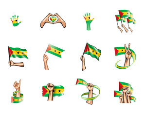 Sao Tome and Principe flag and hand on white background. Vector illustration