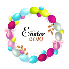 Easter Wreath with Realistic Colorfull Eggs, Gold Branches and Bows.