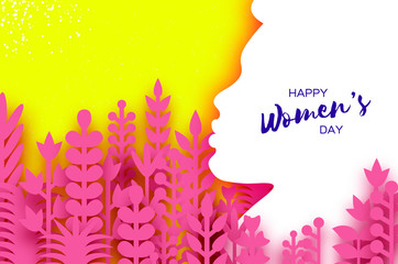 Happy Womens Day Greetings card. 8 March. Paper cutout girl head silhouette cutout with pink origami flowers and leaves. Mothers day. Spring holidays. Yellow.