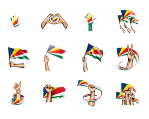 Seychelles flag and hand on white background. Vector illustration