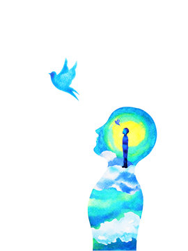 human head, chakra power, fantasy abstract thinking, world, universe inside your mind, watercolor painting