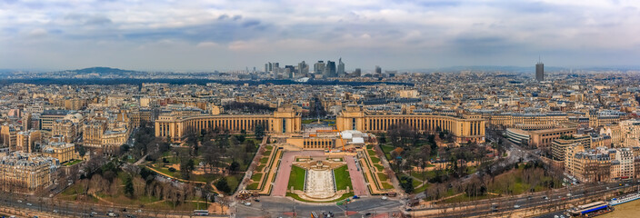 Panoramic view of Paris, France with the view onto Palais du Chaillot and the Defense district seen from the top of the Eiffel Tower or Tour Eiffel