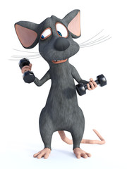 3D rendering of a cartoon mouse doing a workout with dumbbells.