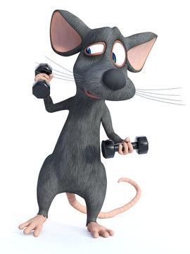 3D rendering of a cartoon mouse doing a workout with dumbbells.