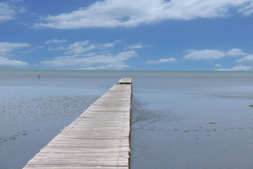 Fototapeta na wymiar A wooden bridge that stretches to the sea on a clear day – Image 