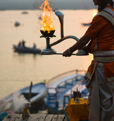 great puja on the banks of the Ganges River in Varanasi, India. December 12, 2016