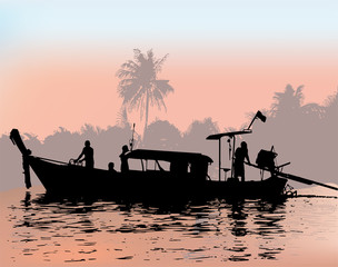 Long Tail Boat On Sunset. Vector Silhouette.	