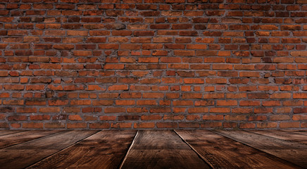 Empty room, old brick wall, wooden floor.