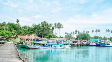 Fototapeta na wymiar traditional fisherman's boat docked in the harbor, Labuhan cermin, Berau, Indonesia.. Labuhan Cermin is one of tourist resort in Indonesia