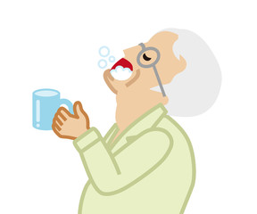 Senior man gargling with water for prevent cold