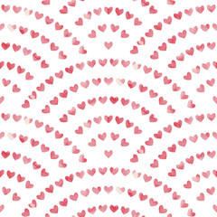 Watercolor pattern for Valentine's Day. Pink hearts painted with paint on paper. Vector illustration.