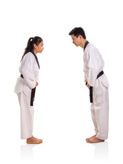 Female and male martial arts bow pose, side profile on white background