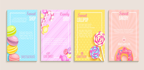 Set of sweet, candy and bakery shops flyers,banners.Collection of pages for kids menu,caffee,posters.Pastry,macaroons and donuts, lollipop shop cards, cafeteris advertise.Template vector illustration.