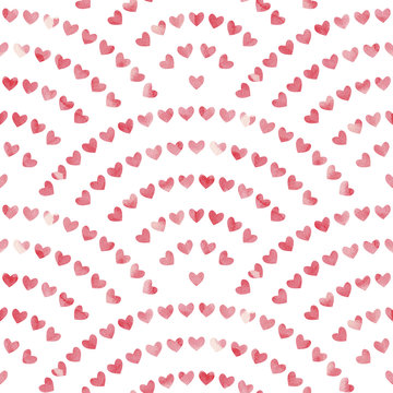 Watercolor pattern for Valentine's Day. Pink hearts painted with paint on paper. Vector illustration.