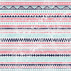 Seamless striped pattern. Ethnic and tribal motifs. Vintage print, grunge texture.Simple ornament. Handmade. White, pink and blue colors. Vector illustration.