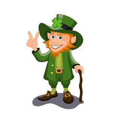 Funny leprechaun cartoon figure holding gold coin.