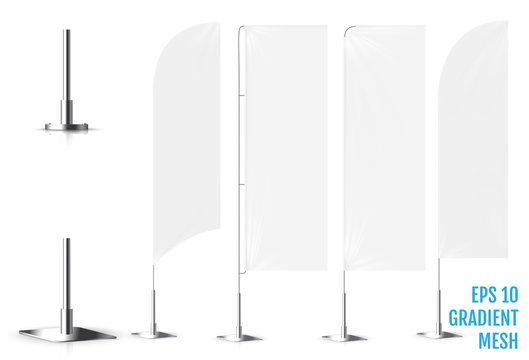 Realistic white banner flags 3d mockup. Textile waving advertisement banner flags.