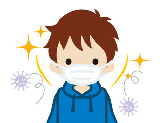 Toddler boy wearing a mask for prevent flu virus - front view