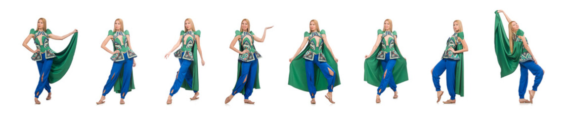 Fototapeta premium Woman in oriental green clothing isolated on white